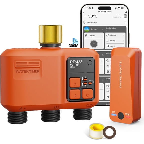 WiFi Sprinkler Timer 3 Zone Garden Hose Controller with 984 FT Range APP Remote Control Alexa Google Compatible Rain Delay Manual Mode Style 3 Outlet Brass Inlet