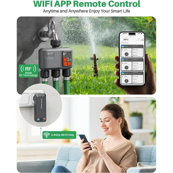 WiFi Sprinkler Timer 3 Zone with 984 Feet RF Gateway for Garden Hose - Smart Water Controller with Rain Delay and Voice Control