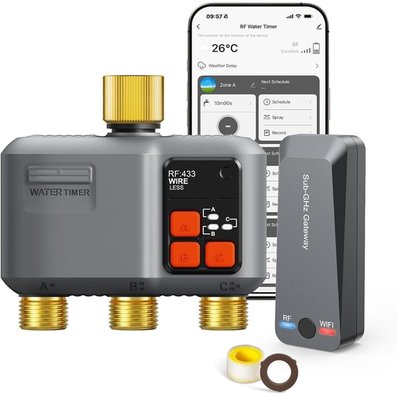 WiFi Sprinkler Timer 3 Zone with 984 Ft Range 3 Outlet Smart Water Timer for Garden Hose Brass Inlet and Outlet