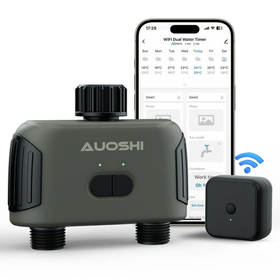WiFi Sprinkler Timer, AUOSHI Smart Water Timer for Garden Hose, 2 Outlets, Automatic Irrigation System with WiFi Hub, up to 20 Watering Plans, APP Control, Work with Alexa and Google Assistant