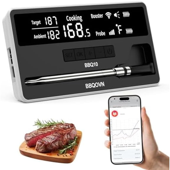 WiFi Sub-1G Meat Unlimited Range, 7 NIST-Cert.Sensors Large-Display Base, IP68 BBQ Grill & , App&Standalone (1,Black,Small)