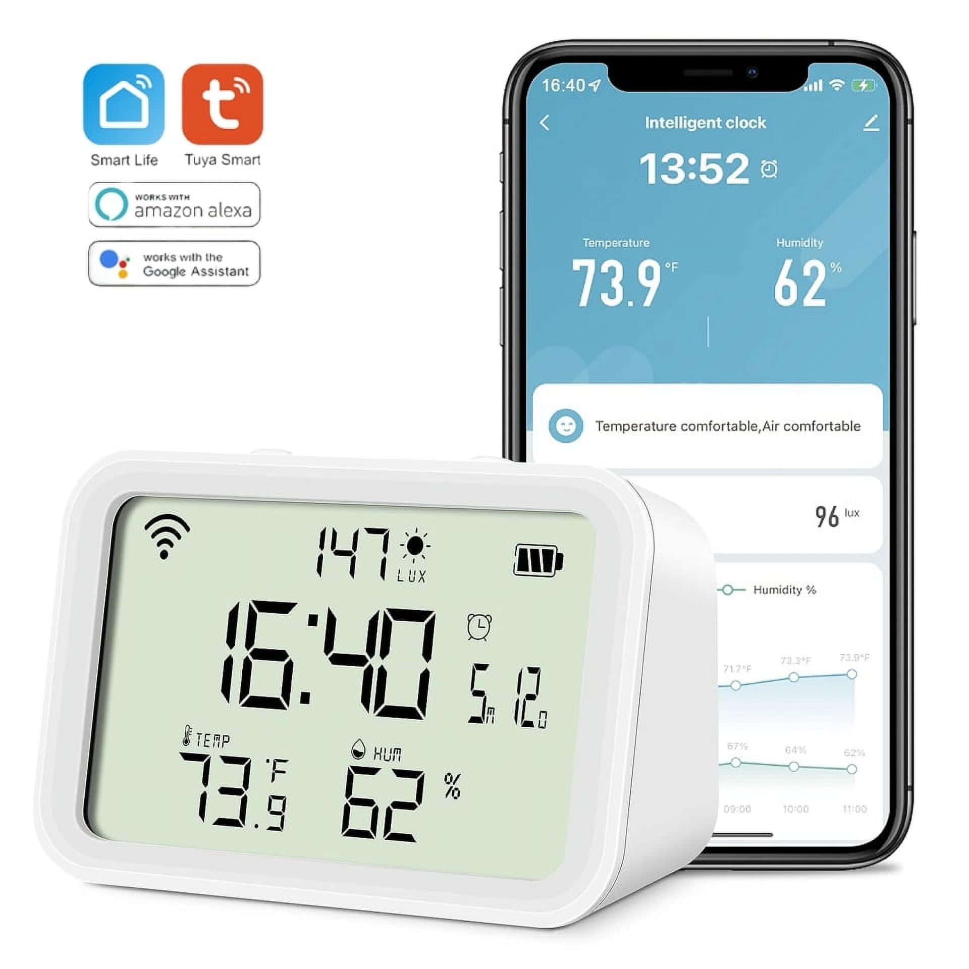 WiFi Temperature Humidity Sensor,WiFi Thermometer Smart Greenhouse  Thermometer/Hygrometer with APP Alerts Compatible with Alexa 