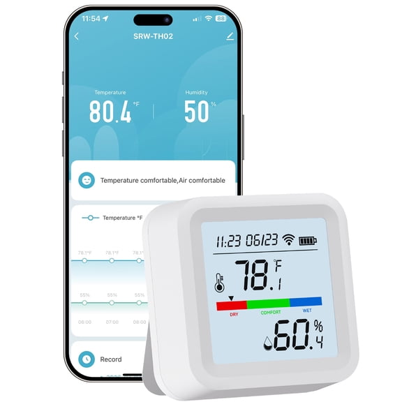 YFK WiFi Thermometer Indoor, Smart Temperature Monitor with App, Hygrometer WiFi Remote Monitoring, LCD Display, Push Notifications, Alexa & Google, Wireless Temp & Humidity Sensor