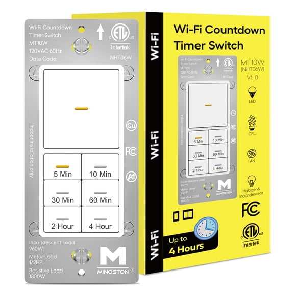 WiFi Timer Swit - Smart Countdown Timer, 5-15-30 Minutes/1-2-4 Hour, ON/OFF, Neutral Wire Needed, for Lights, Fans, Heaters, ETL Lted