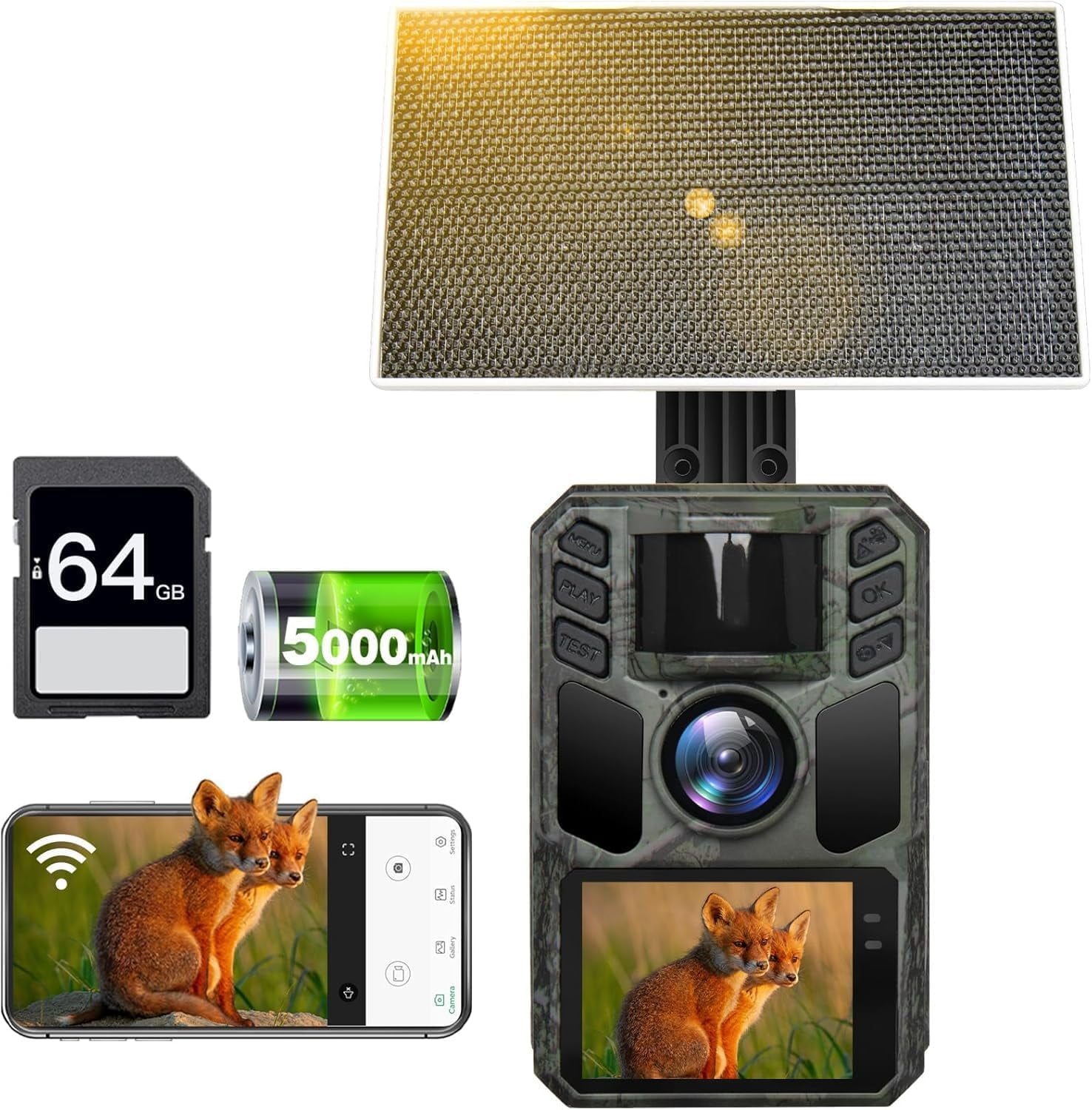 WiFi Trail Camera Solar Trail Cam - 4K 64MP Trail Cameras with Night Vision, IP67 Waterproof Camera for Deer Wildlife Monitoring Hunting with 64GB Memory Card