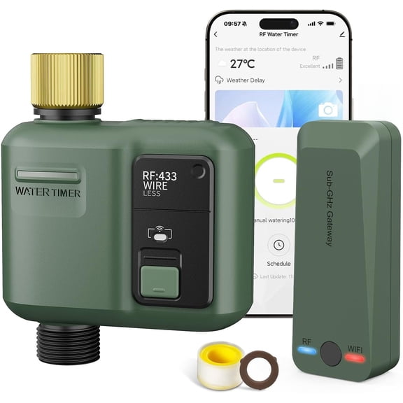 WiFi Water Timer for Garden Hose, Smart Sprinkler Controller with 984ft RF Range, Smart Lawn Watering System Irrigation Timer, APP/Voice Control, Rain Delay, Manual Irrigation (Brass Inlet)