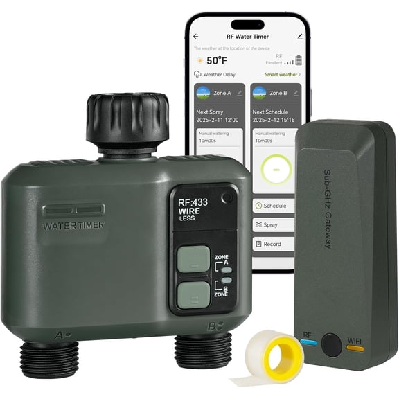 WiFi Water Timer for Garden Hose 2 Zone Smart Irrigation Controller with Voice Control Automatic Rain Delay and Manual Watering