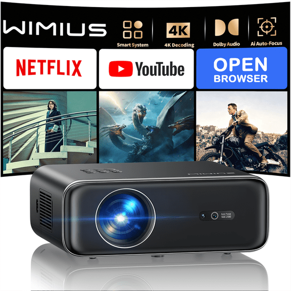 WiMiUS Smart Projector with Licensed Netflix, Native 1080P 4K Supported, 600 ANSI Lumen, Dolby Audio Dual Speakers, Auto Focus and Keystone, Home Theater Projector with WiFi and Bluetooth