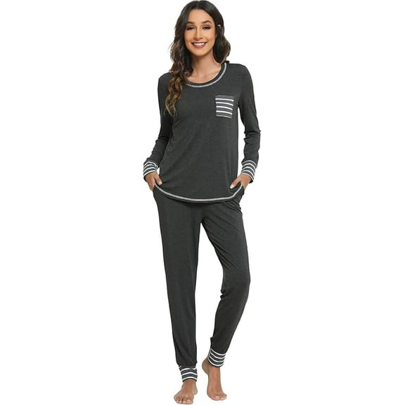 WiWi Bamboo Viscose Pajamas Set for Women Long Sleeve Sleepwear Soft Loungewear Sets Jogger Pants with Pockets S-XXL, Charcoal Heather, XX-Large