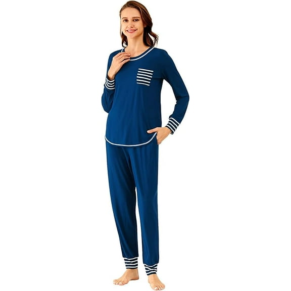 WiWi Bamboo Viscose Pajamas Set for Women Long Sleeve Sleepwear Soft Loungewear Sets Jogger Pants with Pockets S-XXL, Ink Blue, Medium