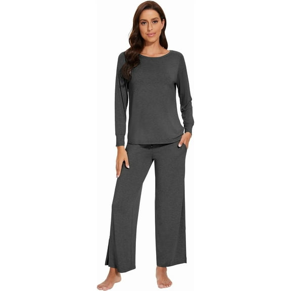 WiWi Long Sleeve Pajamas for Women Bamboo Viscose Lounge Sets Loungewear with Side Slit Pants Soft Pjs Set S-XXL, Charcoal Heather, XX-Large