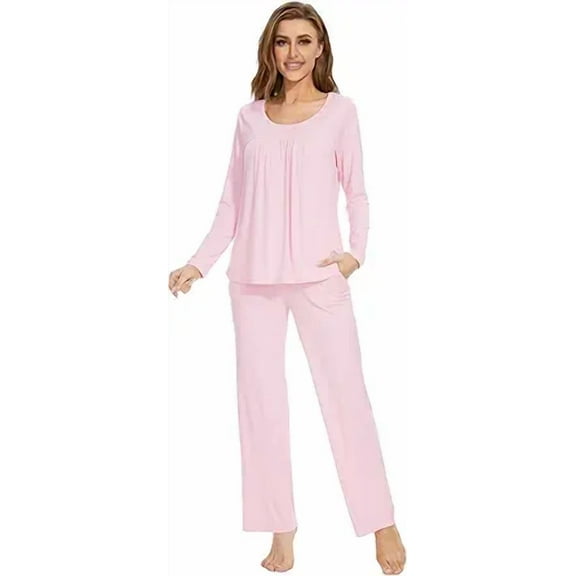 WiWi Long Sleeve Pajamas for Women Sleepwear Crewneck Pajama Sets Soft Loungewear Set with Pockets S-XXL, Blush Pink, Small