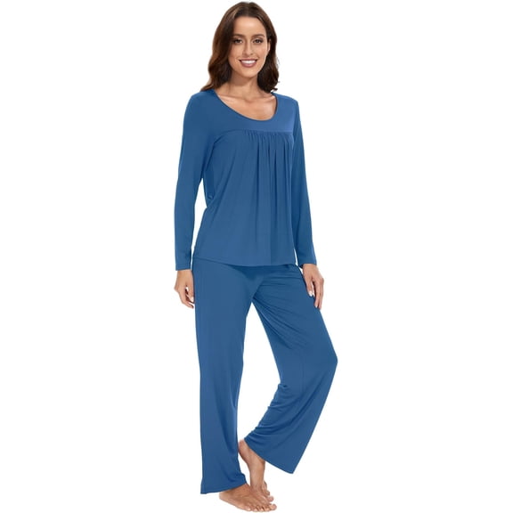 WiWi Long Sleeve Pajamas for Women Sleepwear Crewneck Pajama Sets Soft Loungewear Set with Pockets S-XXL, Prussian Blue, X-Large