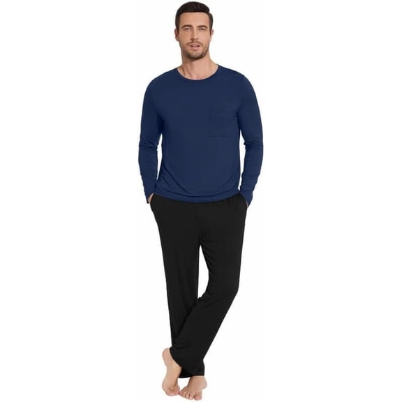 WiWi Men's Pajamas Set Lightweight Sleepwear Long Sleeve Sleep Shirt and Long Pants Viscose from Bamboo Lounge Sets S-XXL, Dark Blue+Black, XX-Large