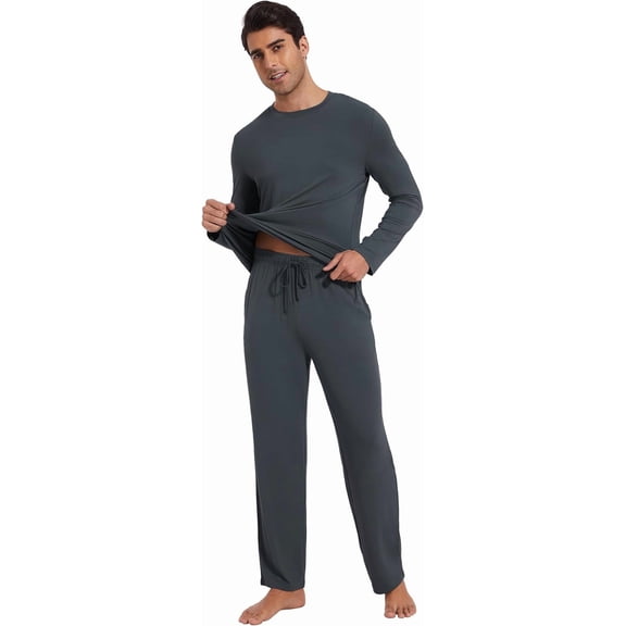 WiWi Men's Viscose from Bamboo Pajamas Set Lightweight Sleepwear Long-Sleeved Crewneck Sleep Shirt and Long Pants S-XXL,Midnight Blue,Large