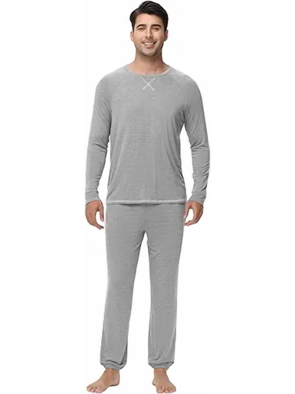 Mens Pajama Set Drawstring Jogger with Pocket Long Sleeve Sleepwear Loungewear Viscose from Bamboo S-XXL, Light Heather Grey, Large