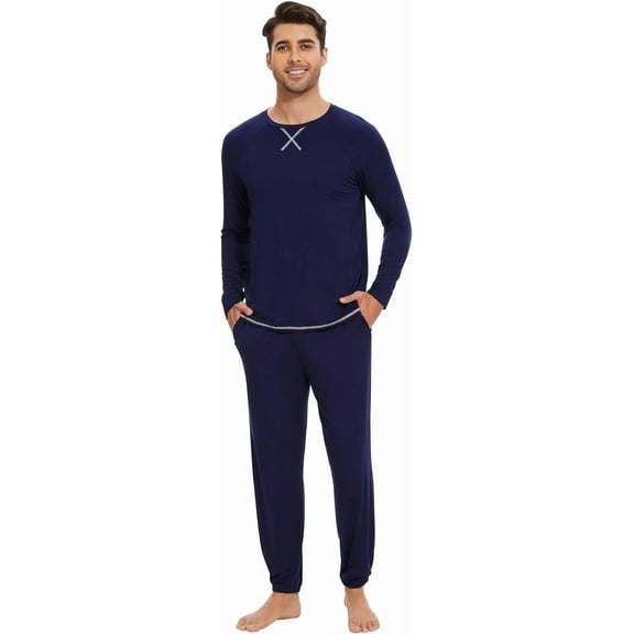 WiWi Mens Pajama Set Drawstring Jogger with Pocket Long Sleeve Sleepwear Loungewear Viscose from Bamboo S-XXL, Navy, Medium