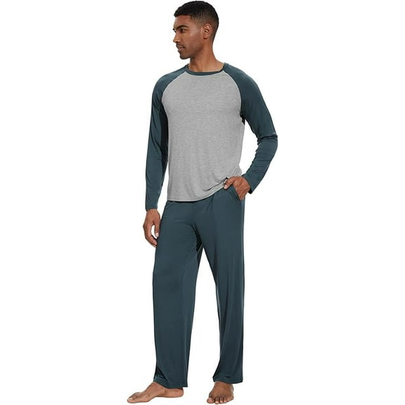 WiWi Mens Pajamas Set Viscose from Bamboo Long Sleeve Sleepwear Knit Nightwear 2 Pieces Loungewear Sets with Pants S-XXL, Grayish Blue, X-Large