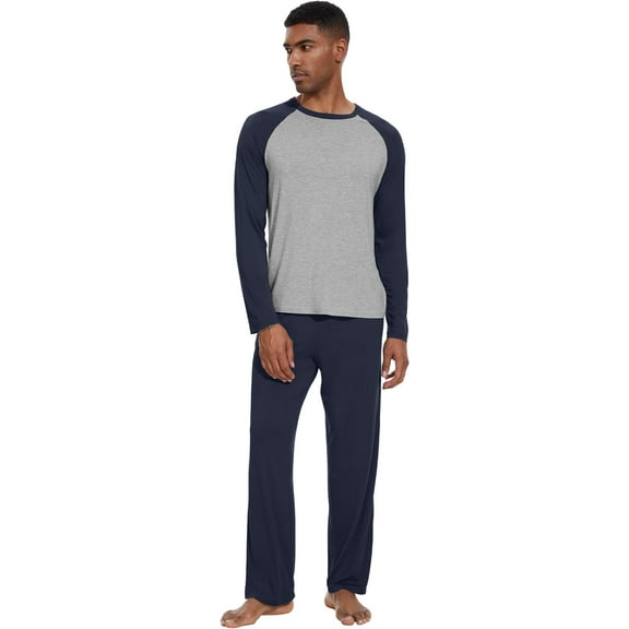 WiWi Mens Pajamas Set Viscose from Bamboo Long Sleeve Sleepwear Knit Nightwear 2 Pieces Loungewear Sets with Pants S-XXL, Navy Blue, Medium
