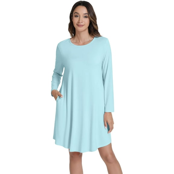 WiWi Nightgowns for Women Sleep Dress Soft Long Sleeve Curved Hem Nightgown with Pockets-Viscose from Bamboo S-XXL, Aqua, XX-Large