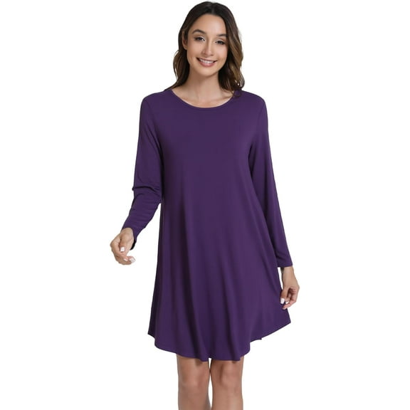 WiWi Nightgowns for Women Sleep Dress Soft Long Sleeve Curved Hem Nightgown with Pockets-Viscose from Bamboo S-XXL, Dark Purple, Medium
