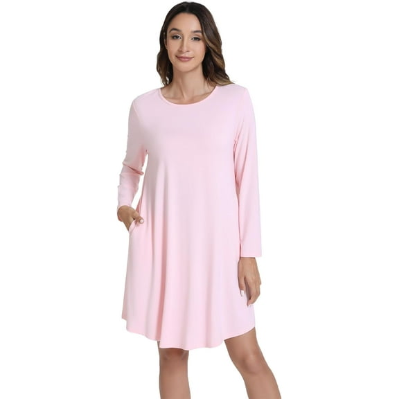 WiWi Nightgowns for Women Sleep Dress Soft Long Sleeve Curved Hem Nightgown with Pockets-Viscose from Bamboo S-XXL, Pink, Medium