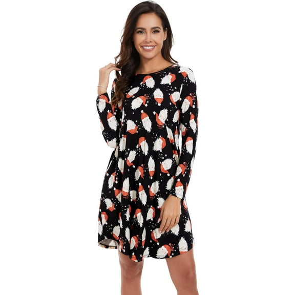 WiWi Nightgowns for Women Sleep Dress Soft Long Sleeve Curved Hem Nightgown with Pockets-Viscose from Bamboo S-XXL, Santa Claus on Black, Medium