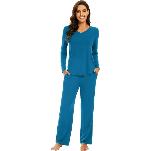 WiWi Pajamas for Women Long Sleeve Set Soft Casual Pj Warm Viscose from Bamboo 2 Piece Lounge Sets S-XXL, Teal Blue, Small