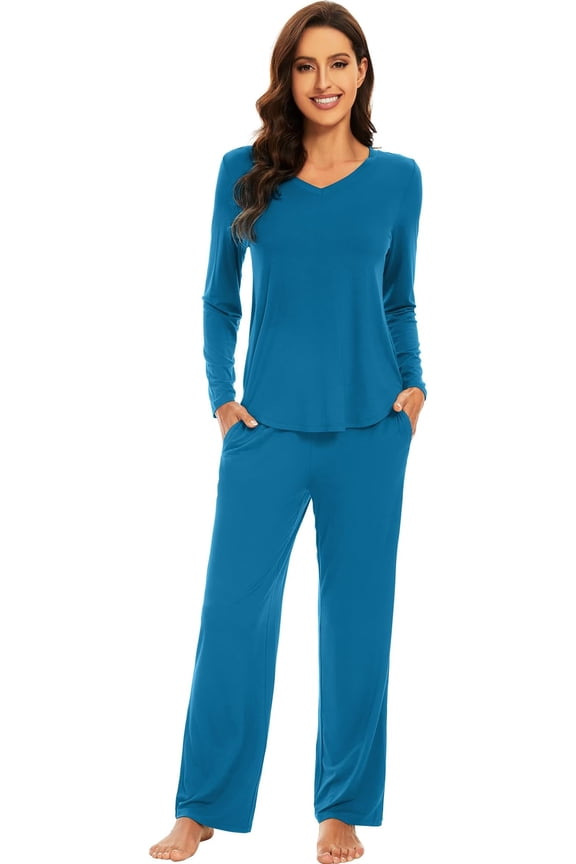Pajamas for Women Long Sleeve Set Soft Casual Pj Warm Viscose from Bamboo 2 Piece Lounge Sets S-XXL, Teal Blue, Small
