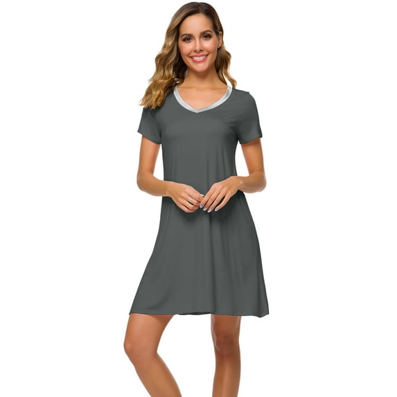 WiWi Soft Bamboo Nightgowns for Women Sleep Shirts Lightweight Short Sleeve Lounge Dress Plus Size Sleepwear S-2X, Iron Grey, Large