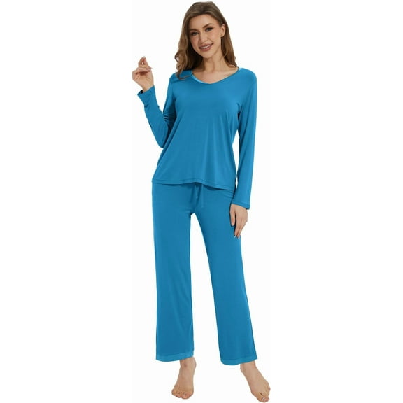 WiWi Women's Long Sleeve Pajamas Soft Sleepwear Set with Pocket Loungewear Satin Trim Lounge Pajama Sets S-XXL, Teal Blue, Medium