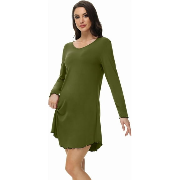 WiWi Women's Nightgown Sleepwear Soft Sleepshirt Long Sleeve Nightshirt Pajama Dress-Viscose from Bamboo S-XXL, Army Green, X-Large