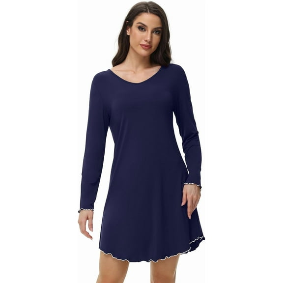 WiWi Women's Nightgown Sleepwear Soft Sleepshirt Long Sleeve Nightshirt Pajama Dress-Viscose from Bamboo S-XXL, Navy, XX-Large
