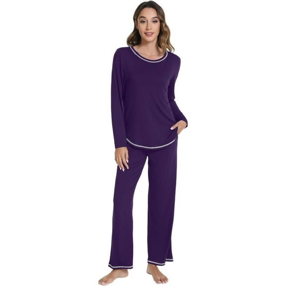 WiWi Women's Pajama Set Crew Neck Soft Long-Sleeve Top and Bottom Sleepwear with Pocket -Viscose from Bamboo S-XXL,Dark Purple,XX-Large