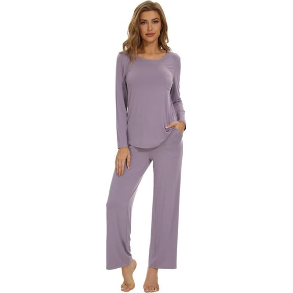 WiWi Women's Pajama Set Soft Long Sleeve Tee Pants Sleepwear Scoop Neck Nightwear with Pockets Pjs S-XXL, Violet, Large