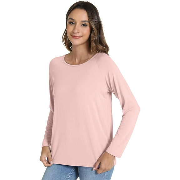 WiWi Women's Viscose from Bamboo Pajama Tops Soft Scoop Neck Sleep Shirt Loose Long Sleeves T-shirt Loungewear S-XXL, Peach Pink, Medium