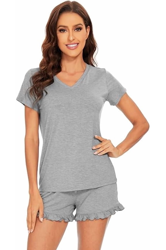 Womens Pajamas Set Bamboo Viscose Super Soft Short Sleeve Top Ruffle Shorts Sleepwear Cooling Pj Sets with Pockets S-XXL, Heather Grey, Small