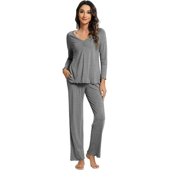 WiWi Womens Viscose from Bamboo Pajamas Set Long Sleeve Top with Pants Sleepwear Soft Knit Pajama Pjs S-XXL, Dark Heather Grey, Large