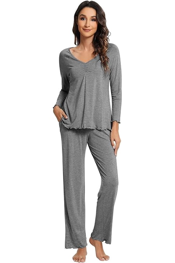 WiWi Womens Viscose from Bamboo Pajamas Set Long Sleeve Top with Pants Sleepwear Soft Knit Pajama Pjs S-XXL, Dark Heather Grey, Large