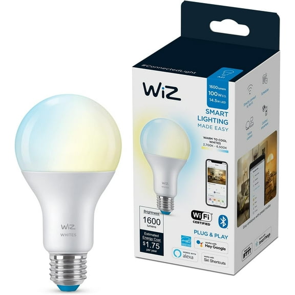 WiZ 100W Eq. 14.5W A21 Tunable White LED Smart Bulb - Pack of 1 - E26- Indoor - Connects to Your Existing Wi-Fi - Control with Voice or App + Activate with Motion - Matter Compatible