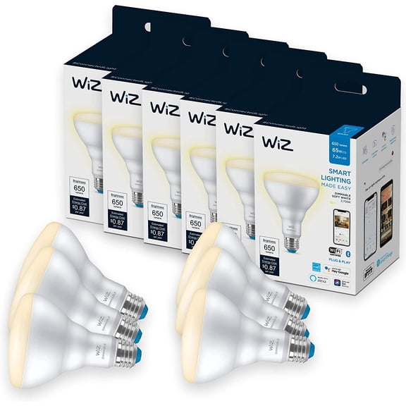 WiZ 65W BR30 Soft White LED Smart Bulb - Pack of 6 - E26, Indoor - Connects to Your Existing Wi-Fi - Control with Voice or App + Activate with Motion - Matter Compatible