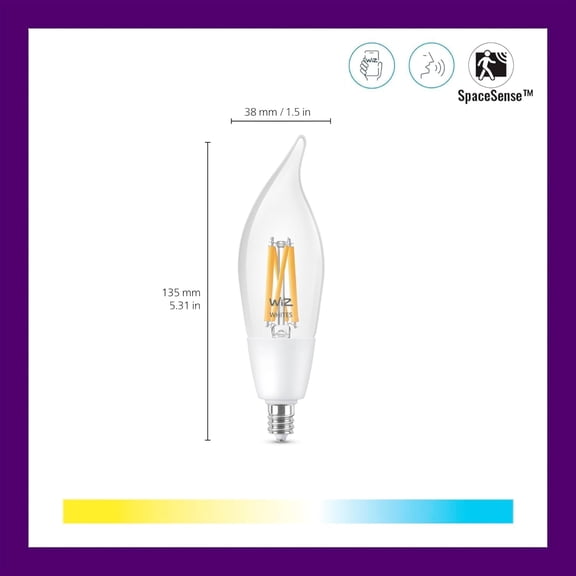 WiZ Clear 40W BA11 Tunable White Filament LED Smart Candle-Shaped Bulb - Pack of 1 - E12- Indoor - Connects to Your Existing Wi-Fi - Control with Voice or App - Matter Compatible