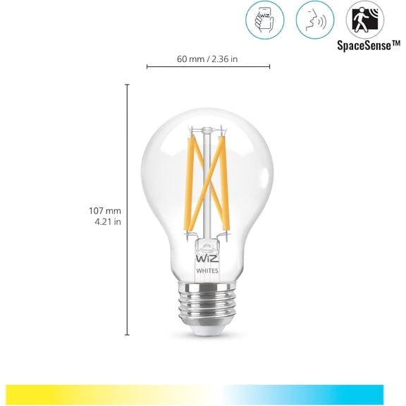 WiZ Clear 60W A19 Tunable White Filament LED Smart Bulb - Pack of 1 - E26- Indoor - Connects to Your Existing Wi-Fi - Control with Voice or App + Activate with Motion - Matter Compatible