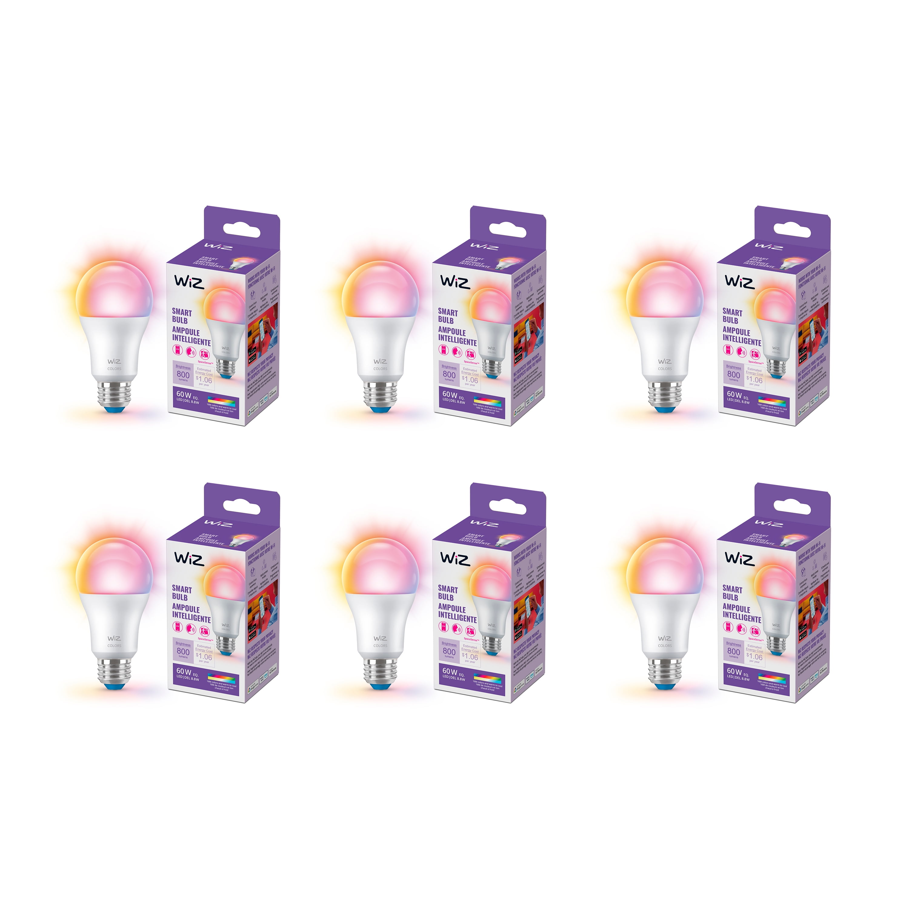 WiZ Connected LED 60-Watt A19 General Purpose Light Bulb, Frosted, Color and Tunable White, Dimmable, E26 Medium Base (6-Pack)
