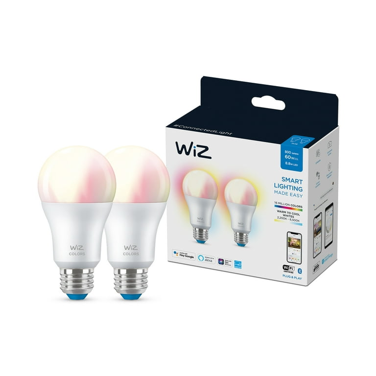 WiZ LED Smart Wi-Fi Connected 60-Watt A19 Color & Tunable White Light Bulb,  Dimmable, 2-Pack
