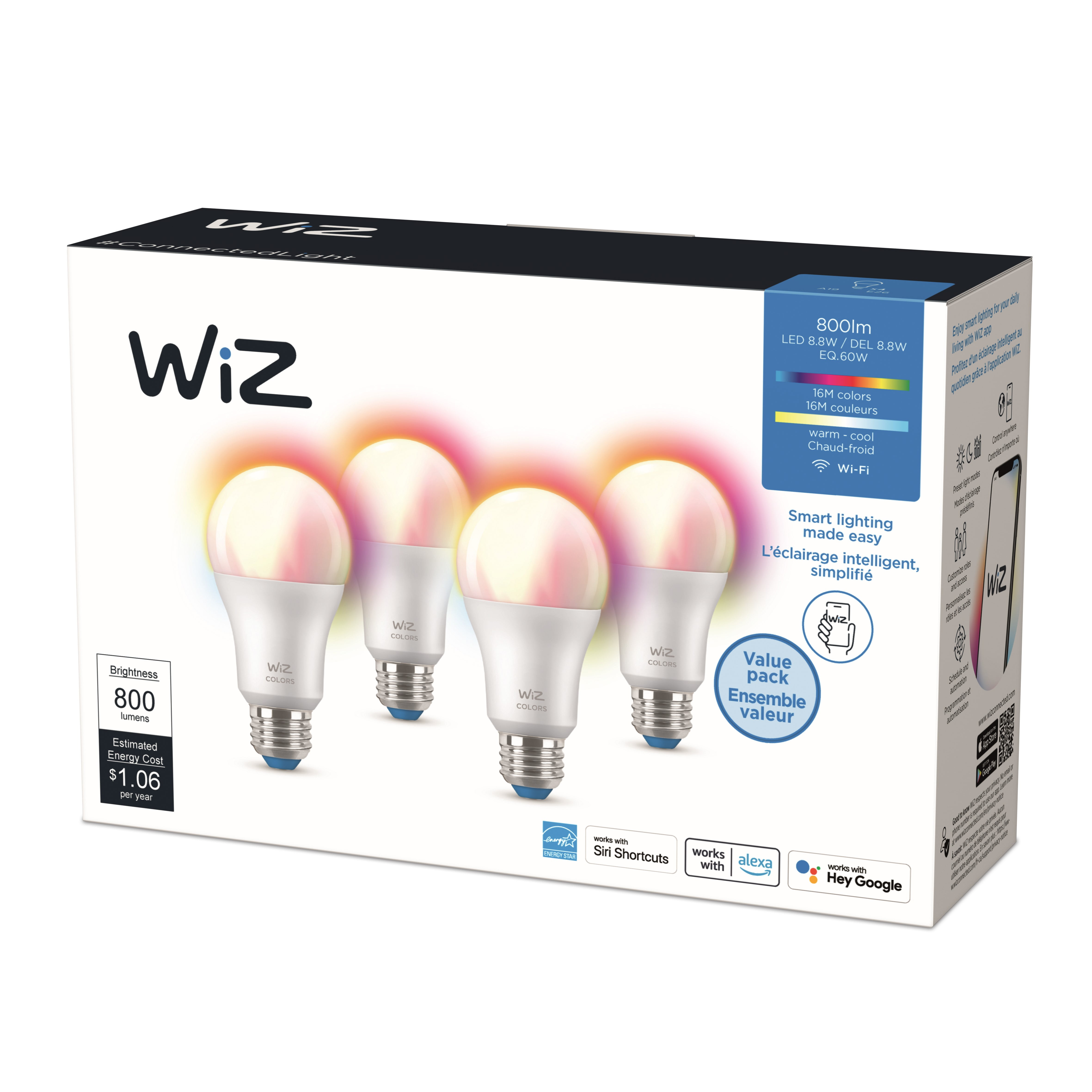 LED Smart Wi-Fi Connected 60-Watt A19 Color & White Light Bulb, Dimmable, 4-Pack -