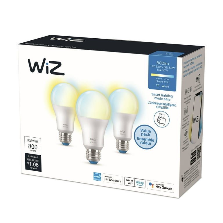 WiZ Smart Wi-Fi Connected LED 60-Watt A19 Light Bulb, Tunable White, E26  Medium Base (3-Pack) 