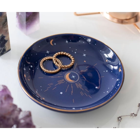 Wicca Astrology Constellation Blue Crescent Moon And Stars Trinket Jewelry Dish