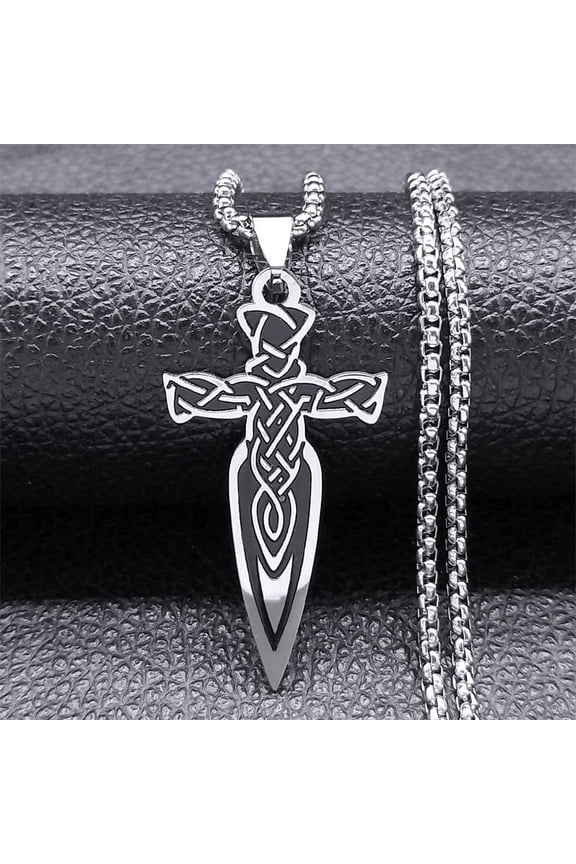 Wicca Celtic Irish Knot Sword Cross 14K White Gold Necklace for Women/Men Silver Color Knife Necklaces Jewelry