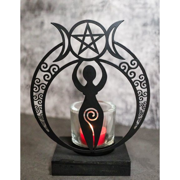 Wicca Danu Spiral Goddess Triple Moon Metal Votive Tea Light Candle Holder